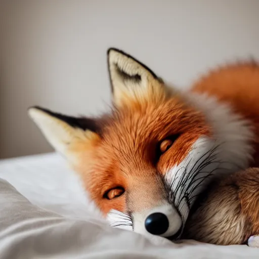 Image similar to a cute photograph of a fox lying in bed sleeping, eyes closed, soft focus, studio lighting, 50mm