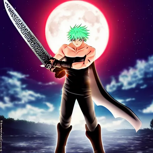 Image similar to anime berserk man with large sword at night under full moon