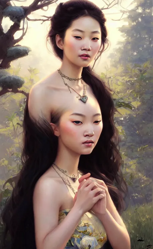 Image similar to a beautiful young charming asian goddess with sundress and jewelry | | winter, realistic shaded, unpleasant face, good looking, fine details, dior, lv, realistic shaded lighting poster by greg rutkowski, macoto takahashi, magali villeneuve, artgerm, jeremy lipkin and michael garmash