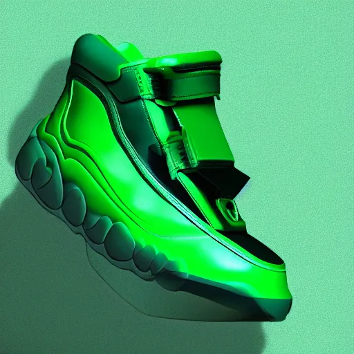 Prompt: Balenciaga sneaker green tint neon spacial background digital art rendering octane UE5 2K