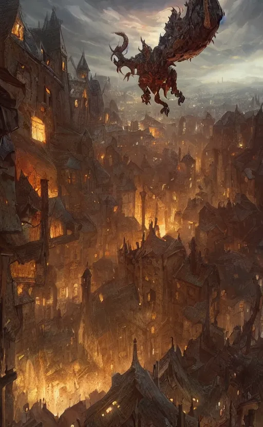 Image similar to a beautiful artwork illustration, a giant monster stepping on a medieval village, destruction, by Greg Rutkowski and Jesper Ejsing and Raymond Swanland, featured on artstation, wide angle, vertical orientation