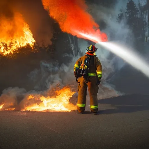 Image similar to photo of a firefighter using a flamethrower projecting a long flame. award-winning, highly-detailed