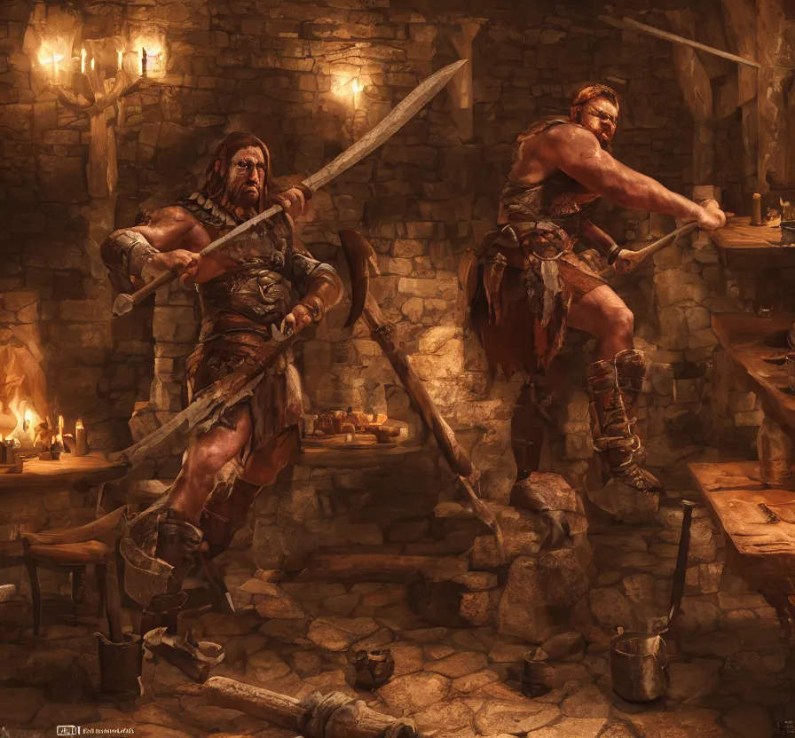 Prompt: barbarian with big axe in medieval tavern, instagram, unreal engine 5, digital art, wallpaper, 8 k, ultra detailed, realistic photo, artstation