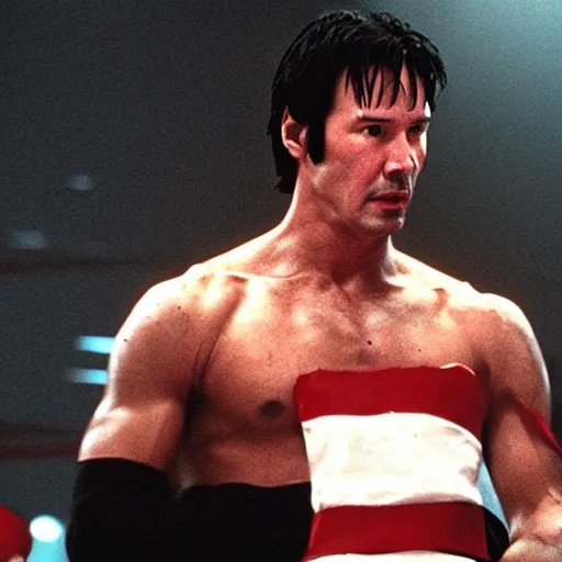 Image similar to a movie still of keanu reeves in rocky 4,