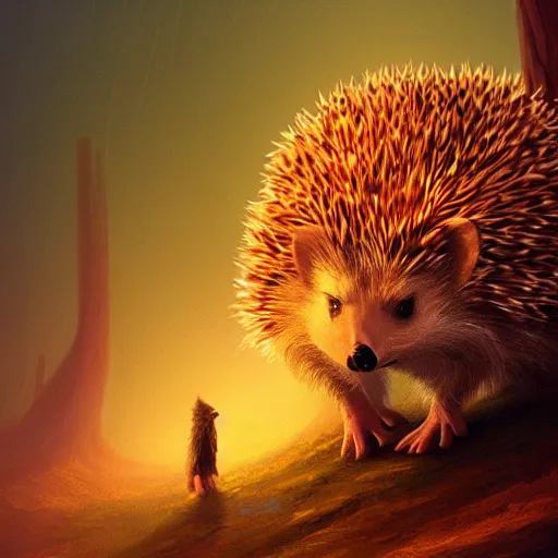 Image similar to hedgehog int he style of christopher balaskas, warm colours, autumn colours, cinematic lighting, front profile