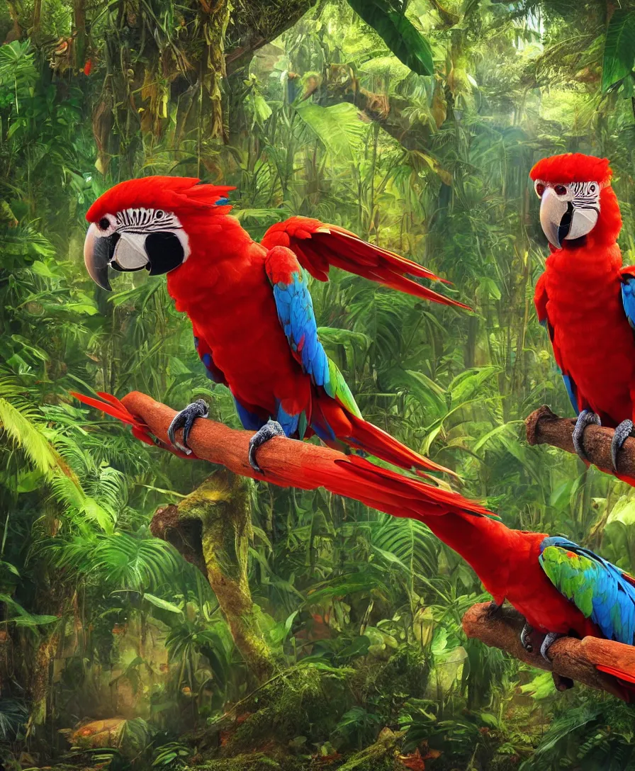 Prompt: beautiful small robot-scarlet macaw in the deep jungle, with big eyes with technicolor colors, epic, cinematic view, 8k, ultra realistic, vibrant colors, photo realism, trending artstation, octane render, intricate, highly detailed, digital painting, volumetric lighting