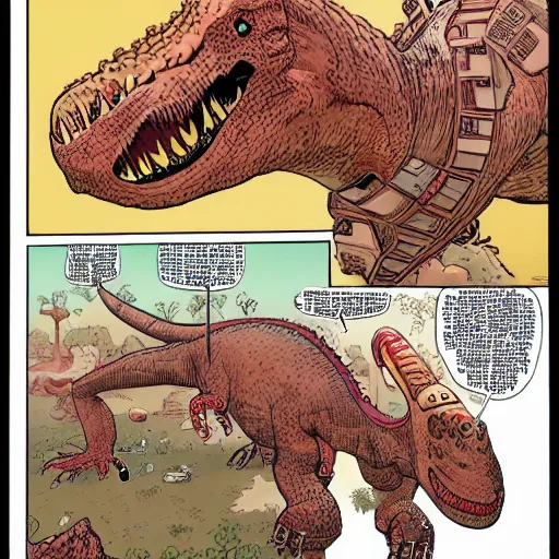 Image similar to a two headed dinosaur ripping a man in half, style of Geof Darrow