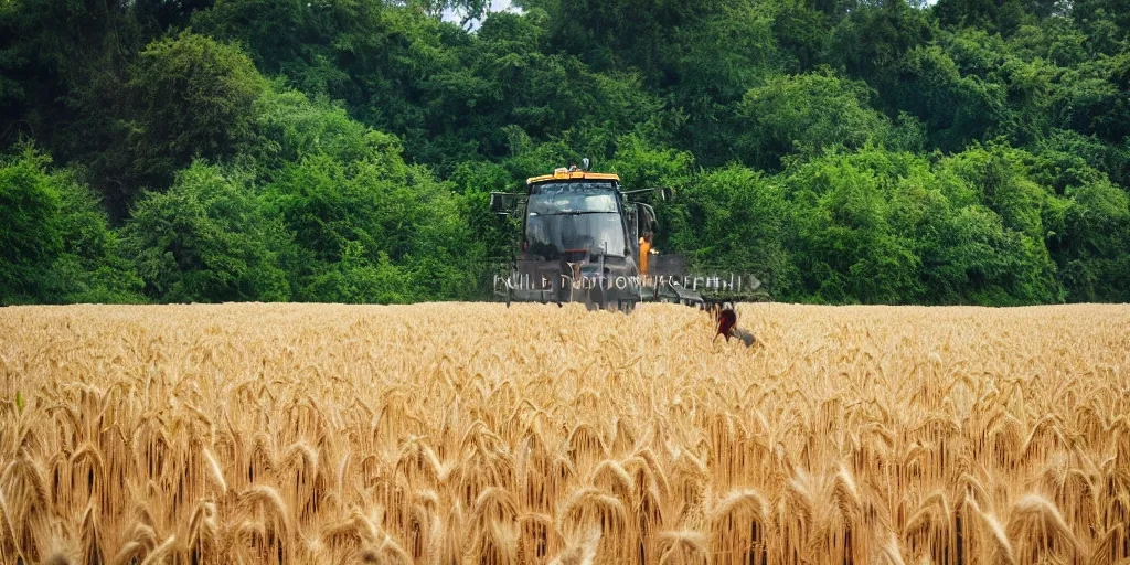 Image similar to a beautiful view of a farmer working in wheat field and there is a beautiful jungle behind the field, professional photography