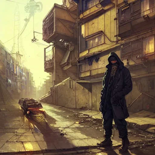 Image similar to A cyberpunk gopnik on the street of a Soviet slum on the moon, sci-fi, fantasy, intricate, very very beautiful, elegant, highly detailed, digital painting, artstation, concept art, smooth, sharp focus, illustration, art by artgerm and greg rutkowski and alphonse mucha