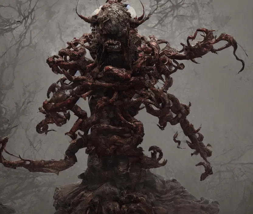 Image similar to samurai standing on a bunch of bodies with 6 arms , gloomy and foggy atmosphere, octane render, artstation trending, horror scene, highly detailded