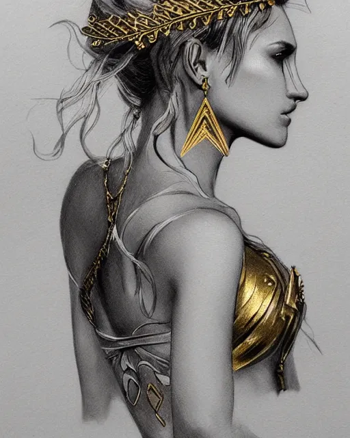 Image similar to tattoo design sketch of cute beautiful blonde super model as aphrodite greek goddess wearing a gold laurel wreath and triangle earrings, beautiful piercing gaze with sharp pupils, in the style of greg rutkowski, fantasy, amazing detail, epic, elegant, smooth, sharp focus, front view