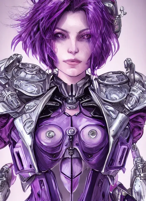 Image similar to close up portrait of a pale woman in amethyst power armor with purple hair, powerful, domineering, stoic, masterful, intense, ultrafine hyperdetailed illustration by kim jung gi, irakli nadar, takuji kawano, intricate linework, sharp focus, octopath traveler, highly rendered, detailed, concept art