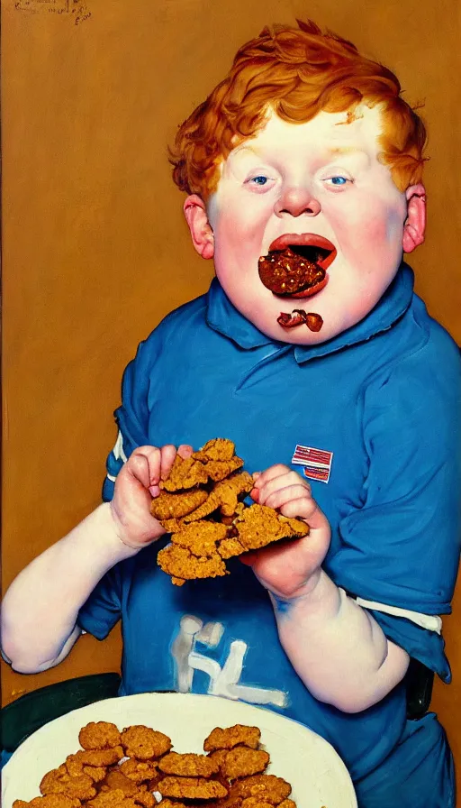 Image similar to painting of a stoned ginger hair chubby boy eating a delicious cholocate chunks cookies, buzz cut, america, norman rockwell