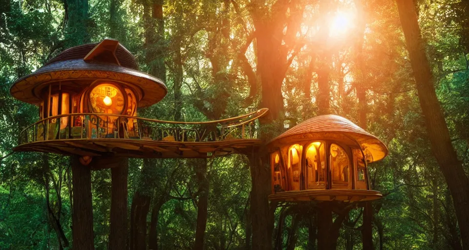 Image similar to A scene from a 2022 fantasy film featuring a cozy art nouveau reading nook inside a fantasy treehouse. A city of treehouses and suspended walkways can be seen outside. Golden Hour. 8K UHD.