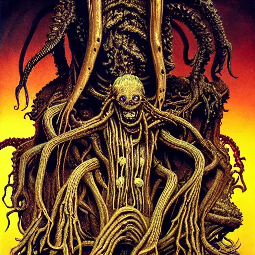 Image similar to monstrous and twisted altar with a statue to a many eyeballs, pustule, boil, veiny and four armed cthulhu statue, flayed skulls, slimy tentacles twisting in lotus position. in the style of hr giger and zdzisław beksinski and frank frazetta. golden hour. biomechanical oil painting horror gothic hyperrealistic detail