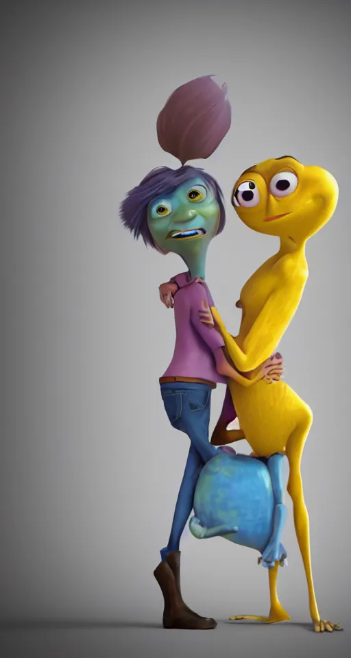 Image similar to loving couple, other dimension, golden ratio, pixar style, rendering, 4 k