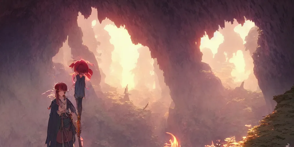 Image similar to the girl and the cave. anime, fantasy, smooth. torches, dark, digital painting, by hayao miyazaki and rossdraws and artgerm and chie yoshii and detmold and greg rutkowski and alphonse mucha. artstation. high quality, stunning, intricate detailed environment. 8 k