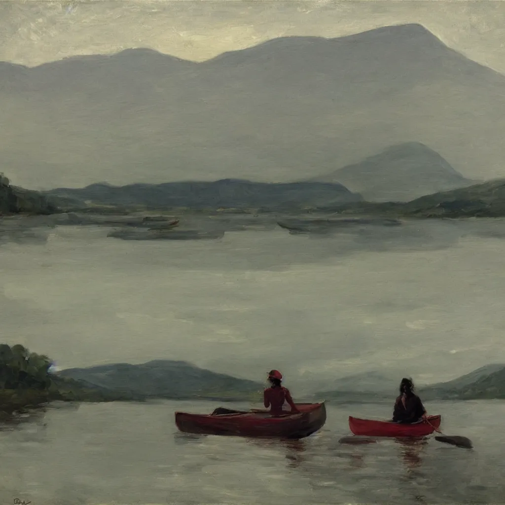 Prompt: one beautiful woman sitting in canoe on the hudson river, mountains in mist in the background, oil painting, style of george bellows