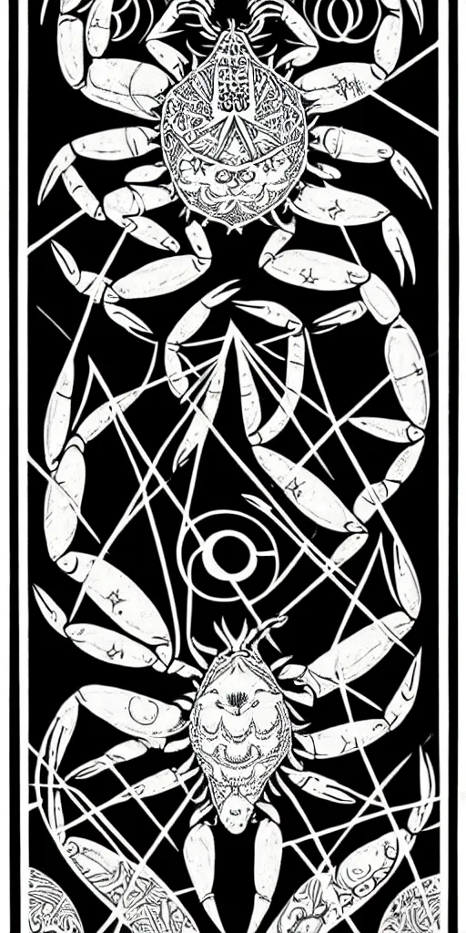 Image similar to a beautiful black and white fractal tarot card featuring bold occult imagery with clean lines. crab demon. detailed adult coloring book