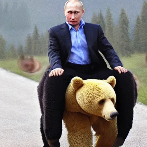 Prompt: vladimir putin riding a bear and holding a ak - 4 7