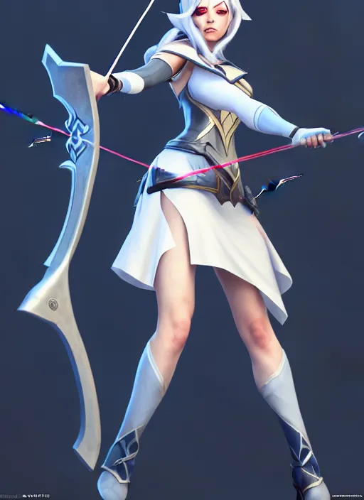 Image similar to ashe, from league of legends, shooting arrows with a silver bow, wearing nurse costume, white skirt, hyper detailed, digital art, trending in artstation, cinematic lighting, studio quality, smooth render, unreal engine 5 rendered, octane rendered, art style by klimt and nixeu and ian sprigger and wlop and krenz cushart