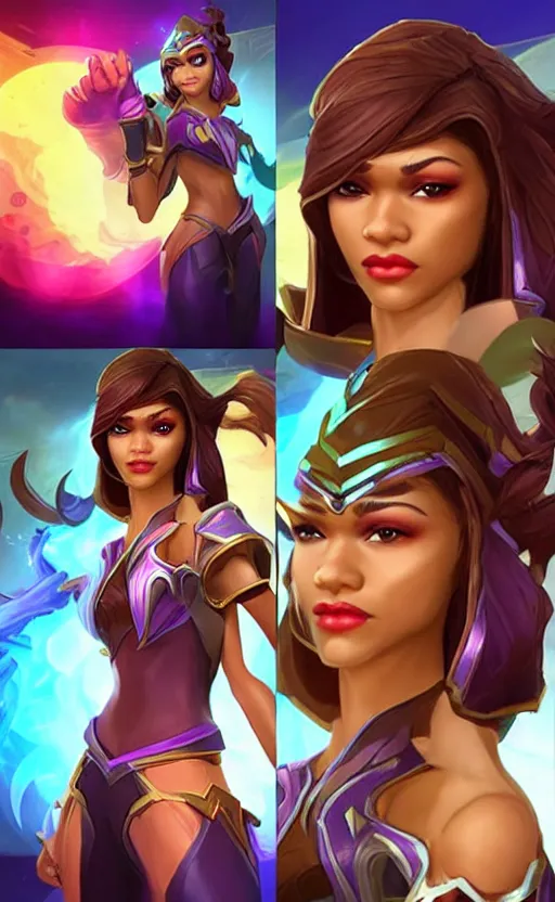 Image similar to Zendaya as a character in the game League of Legends, with a background based on the game League of Legends, detailed face, old 3d graphics