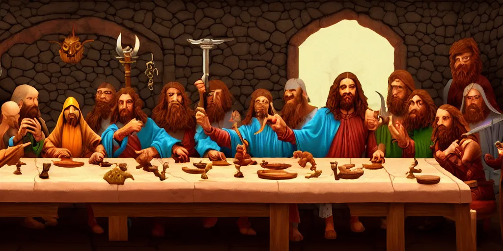 Image similar to dungeon and dragons last supper by wes anderson, digital painting, trending on artstation, sharp focus, 4 k