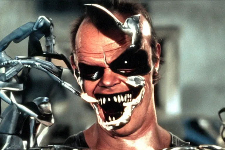 Image similar to Jack Nicholson in costume of Terminator Pikachu hybred, scene where his endoskeleton gets exposed, still from the film