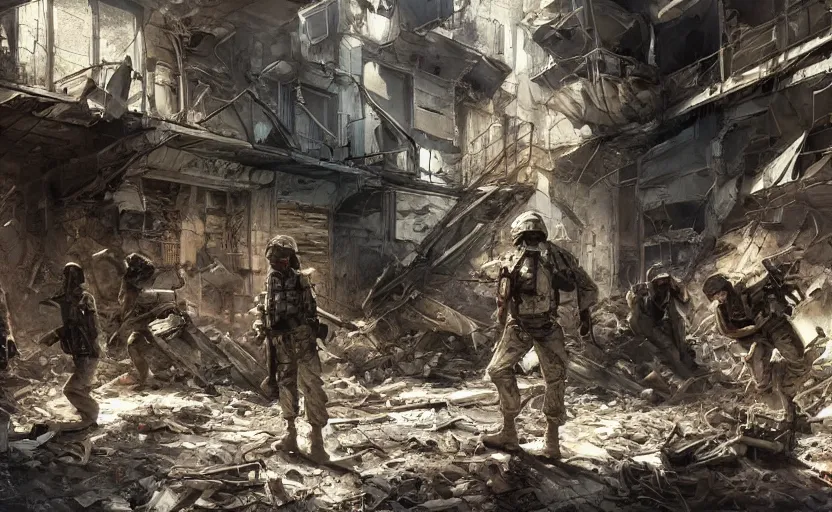 Image similar to American soldiers entering a ruined apartment, post-apocalyptic vibe, digital art made by Stanley Artgerm Lau, WLOP, Rossdraws, James Jean, Andrei Riabovitchev, Marc Simonetti, Yoshitaka Amano, ArtStation, CGSociety