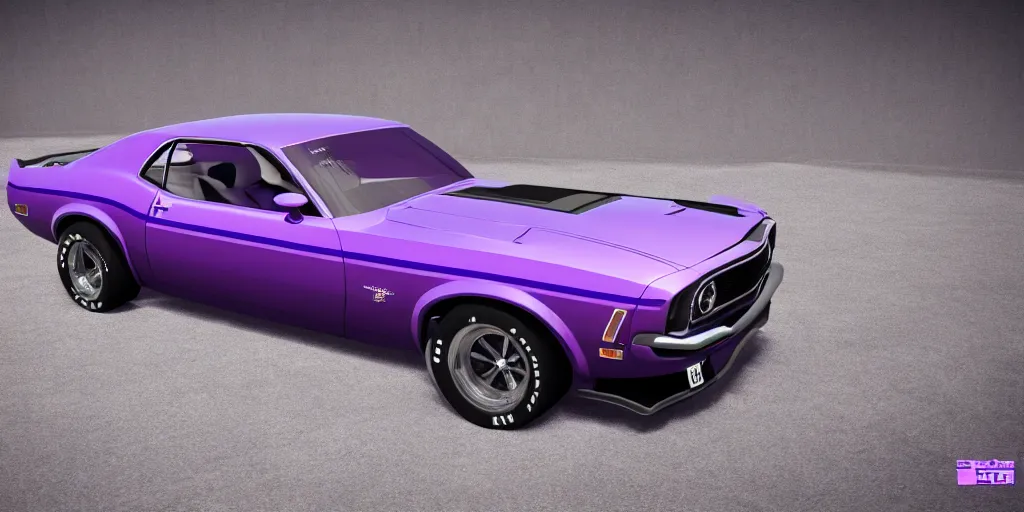 Prompt: purple 1972 ford mustang, complex, hyperrealistic, artstation, 8k resolution