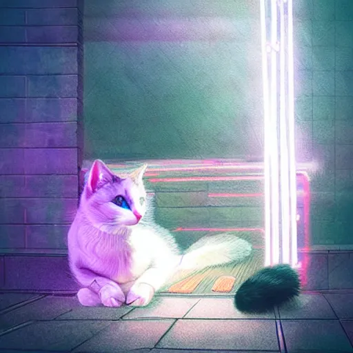 Prompt: little cat sleeping in a cyberpunk world, hyper realistic, realistic, neon