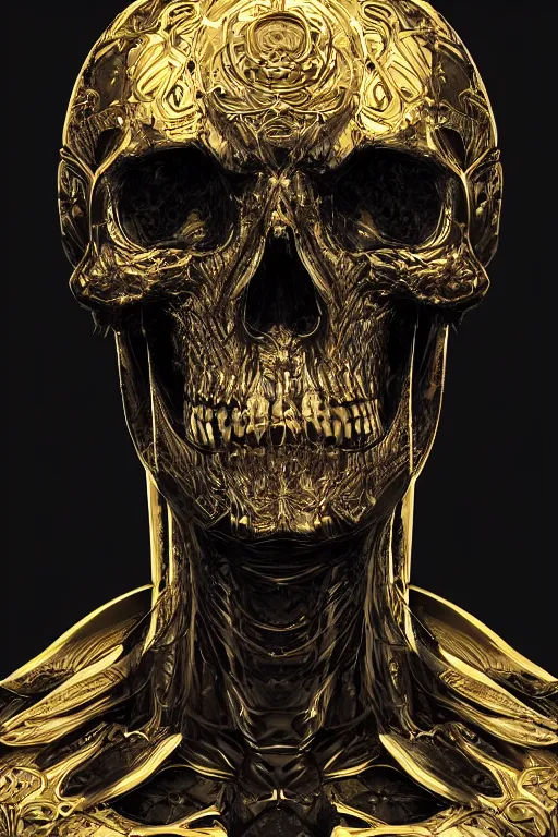 Image similar to skull, close - up portrait, powerful, intricate, elegant, volumetric lighting, digital painting, highly detailed, artstation, sharp focus, illustration, concept art, black ink pen, small gold leaf flake accents