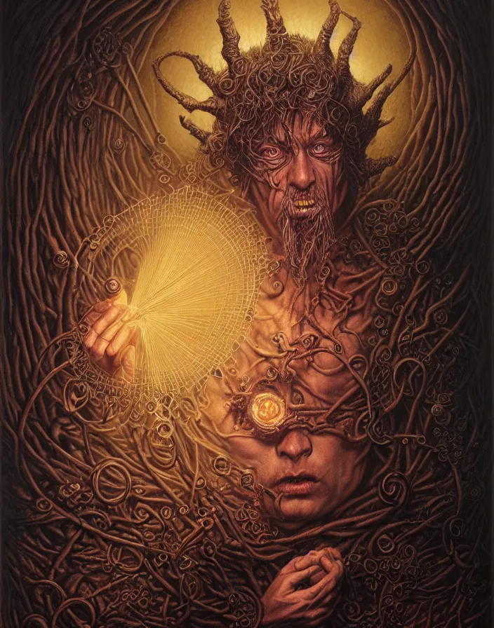 Image similar to highly detailed portrait of a dark mage casting a spell by alex grey, patrick woodroffe, mark ryden created by gustave dore and greg rutkowski, high detailed, smooth draw, synthwave neon retro, intricate, realistic proportions, dramatic lighting, trending on artstation