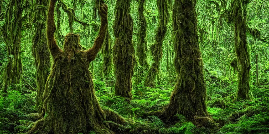 Image similar to a beautiful high fantasy god of the forest, its body made of trees and ferns and moss, dappled lighting, pentax photograph