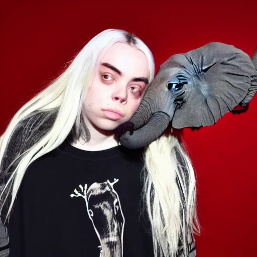 Image similar to billie eilish with elephant's trunk in her face