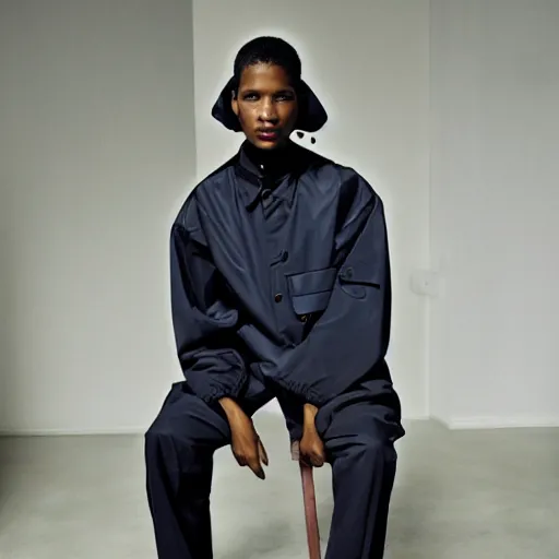 Image similar to realistic photoshooting for a new balenciaga lookbook color film photography of a beautiful woman model, model wears a workwear jacket, photo in style of tyler mitchell, ssense