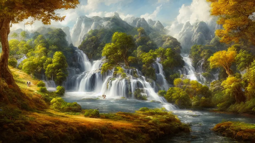 Prompt: the most beautiful panoramic landscape, oil painting, where a giant dreamy waterfall creates a river, the trees around are starting to bloom, cinematic lighting, highly detailed