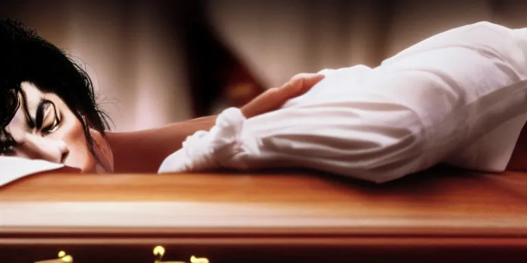 Image similar to photo still of michael jackson unconscious inside a coffin, full-shot, 4k