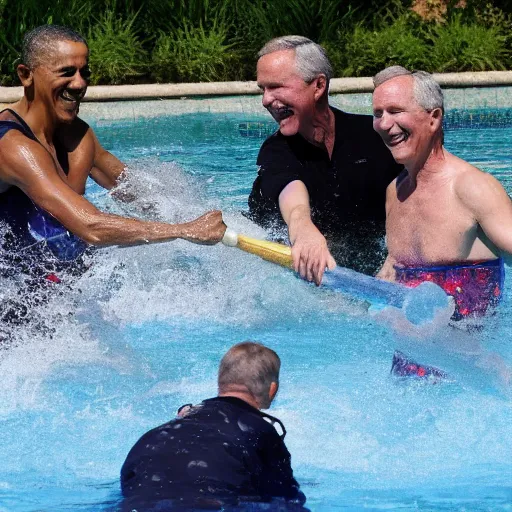 Image similar to putin, trump, obama and bush are swimming while having a water fight while smiling and having a great time