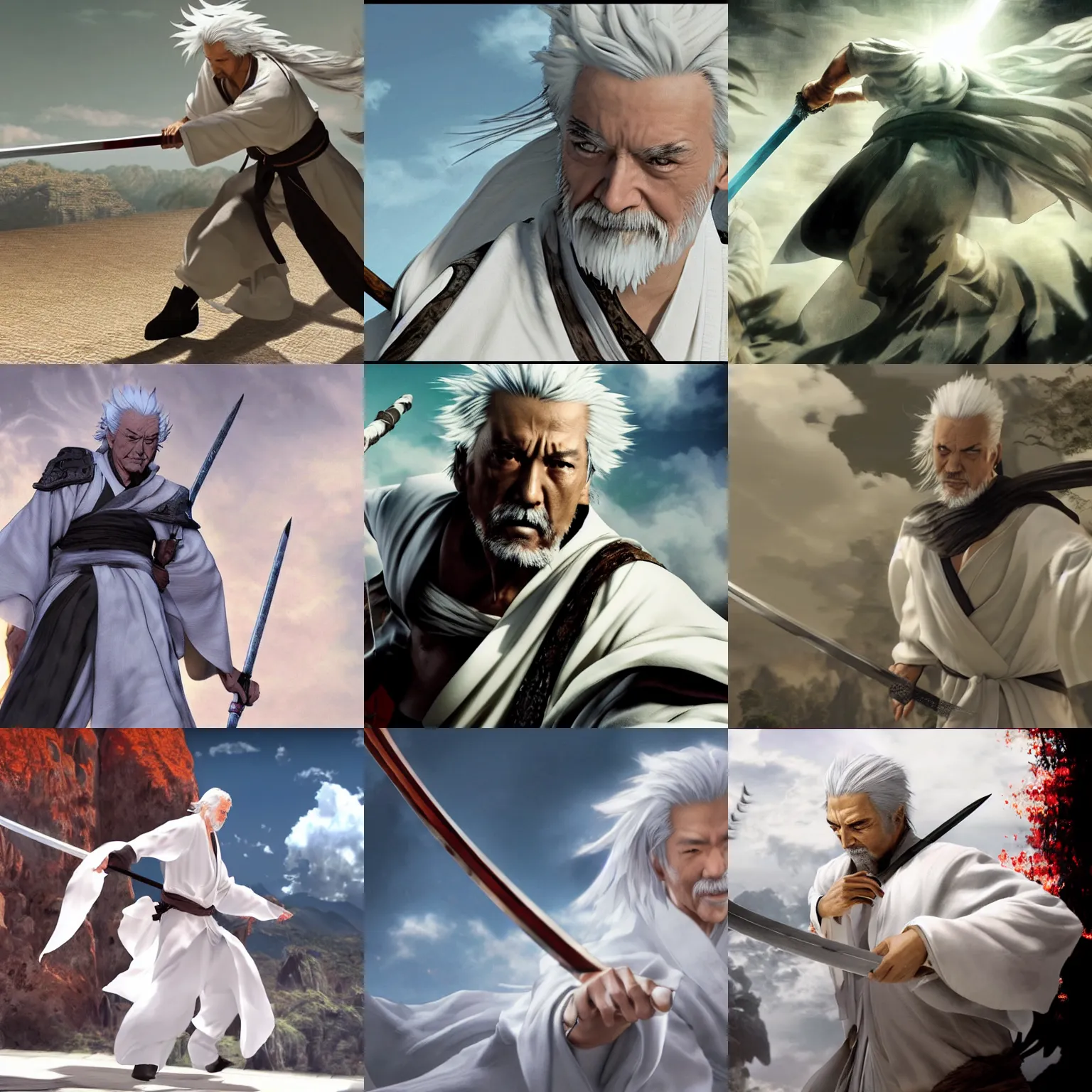 Prompt: Flying Sword white robe old man, white hair, clouds, wuxia by Chen Uen Yoji Shinkawa 4k,