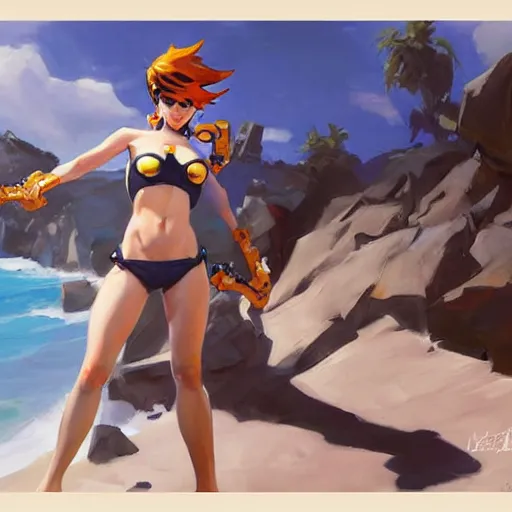 Image similar to greg manchess splashart painting of overwatch's tracer in a bikini, overwatch art team