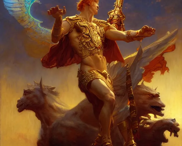 Image similar to attractive heroic male deity, casts magic, summoning handsome heroic lucifer morning star. highly detailed painting by gaston bussiere, craig mullins, j. c. leyendecker 8 k