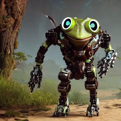 Image similar to a cybernetic robot frog from the game Horizon Zero Dawn. It is standing on all four of its legs.