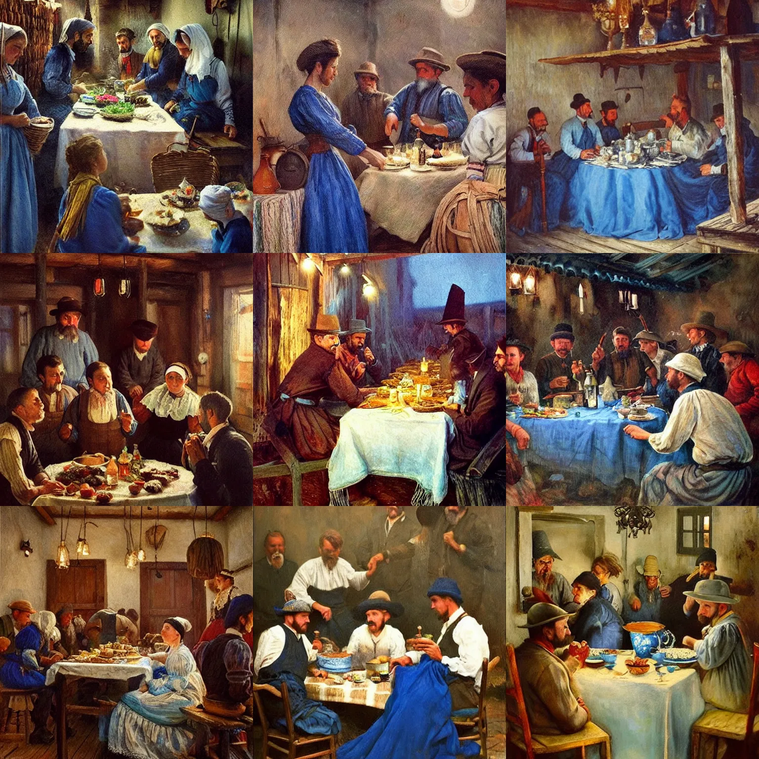 Prompt: 1 8 8 7, a hungarian, peasant wedding at midnight, atmospheric, hyperrealistic, detailed, hd, blue tones, inspired by street photography, oil canvas by meszoly geza, mednyanszky laszlo, szekely bertalan and lotz karoly, trending on pinterest. com