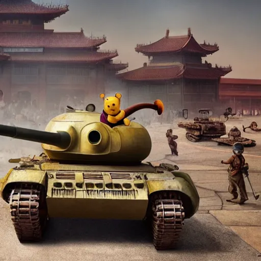 Image similar to screaming winnie the pooh having a tantrum in front of chinese type 5 9 battletank at tiananman square, dystopian, highly detailed, photorealistic, octane render, 8 k, unreal engine. art by artgerm and greg rutkowski and alphonse mucha