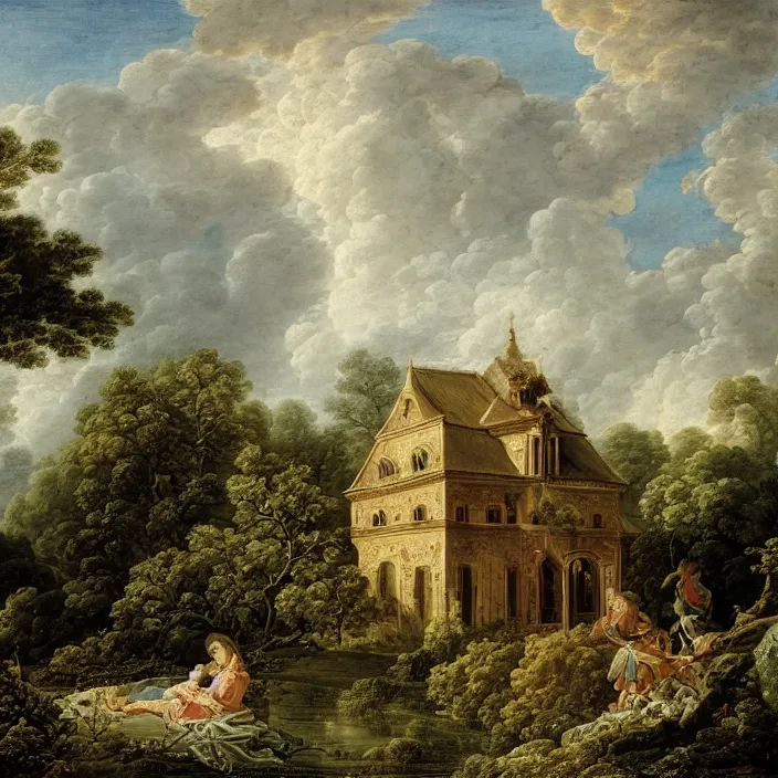 Image similar to a building in a serene landscape, by francois boucher