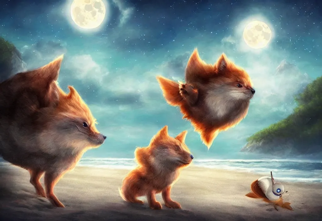 Image similar to cute magical fantasy animals at a beach looking at the moon, realistic, concept art, highly detailed