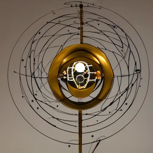 Prompt: a kinetic sculpture of this solar system, orrery, canon 5 d 5 0 mm lens, papier - mache, studio