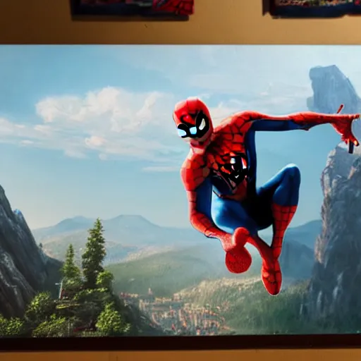 Image similar to a closeup photorealistic photograph of spider - man working on a canvas painting. film still. brightly lit scene. mountains and trees. this 4 k hd image is trending on artstation, featured on behance, well - rendered, extra crisp, features intricate detail, epic composition and the style of unreal engine