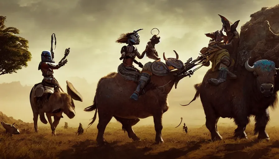 Image similar to mandalorian riding a buffalo through madagascar with baobabs trees, animals chasing, action scene, an epic fantasy, artgerm and greg rutkowski and alphonse mucha, an epic fantasy, volumetric light, detailed, establishing shot, cinematic, photorealistic, hyper detailed, ultra realistic, trending on art station, octane render, midsommar